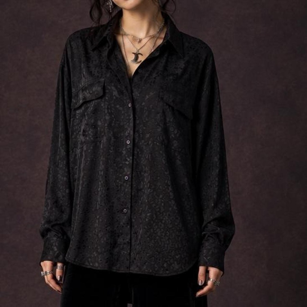Alex & Amy 100% Silk Black Floral Jacquard Blouse Large Whimsigoth